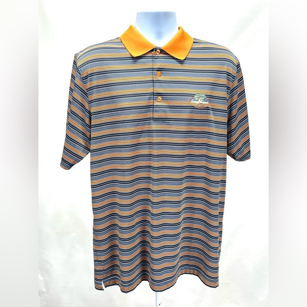 PAGE & TUTTLE Men’s Orange and gray stripe golf polo‎ size L.